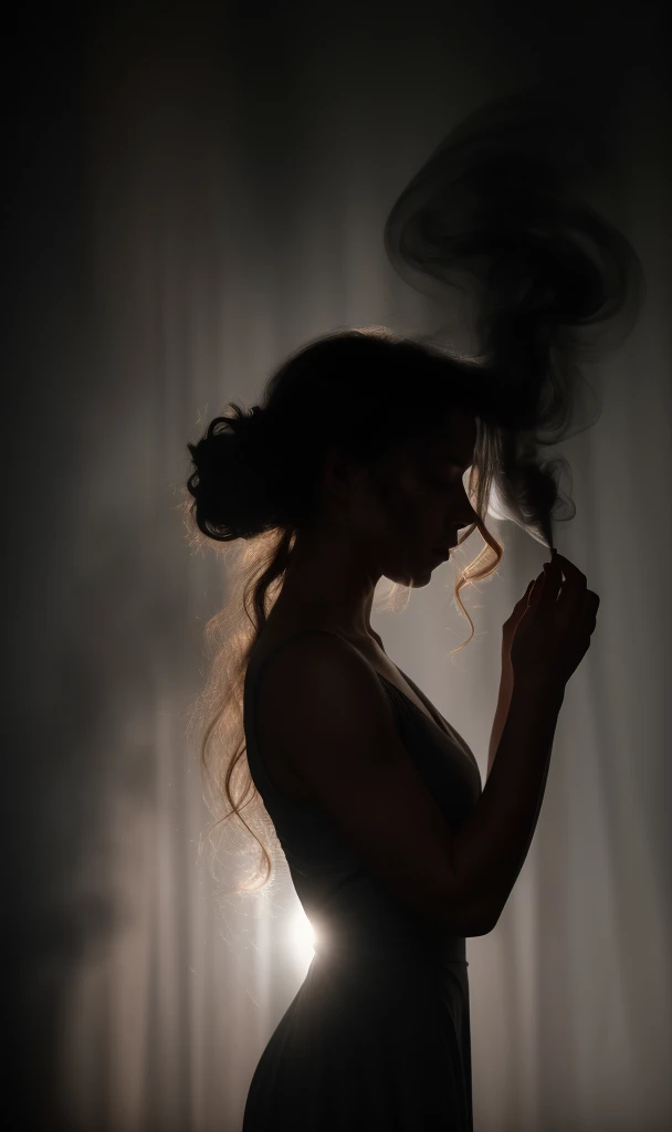 (chalkdust:1.2) Realistic photograph of a woman, face obscured by a curtain of smoke forming her hair, low key light, silhouette, dark background, (smoke tendrils:1.3) curling and twisting in slow, (dancing:1.2) motions, (stark contrast:1.1) between the woman's form and the darkness, (monochrome:1.2) (high contrast:1.1) (fine detail:1.3) (high resolution:1.2), Tyndall effect