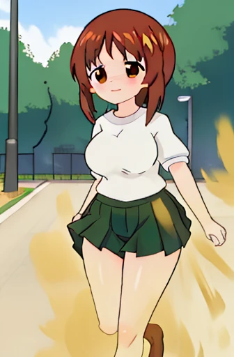 (((kipteitei art))), ((masterpiece)), (((best quality))), ((ultra-detailed)), (((illustration))), detailed face, detailed body, ((1girl)), ((solo)), girls und panzer, (nishizumi miho), brown hair, brown eyes, short hair, medium breasts, perky breasts, wide hips, thick thighs, ooarai school uniform, white shirt, black handkerchief, green skirt, loafers, outdoors, street, walking