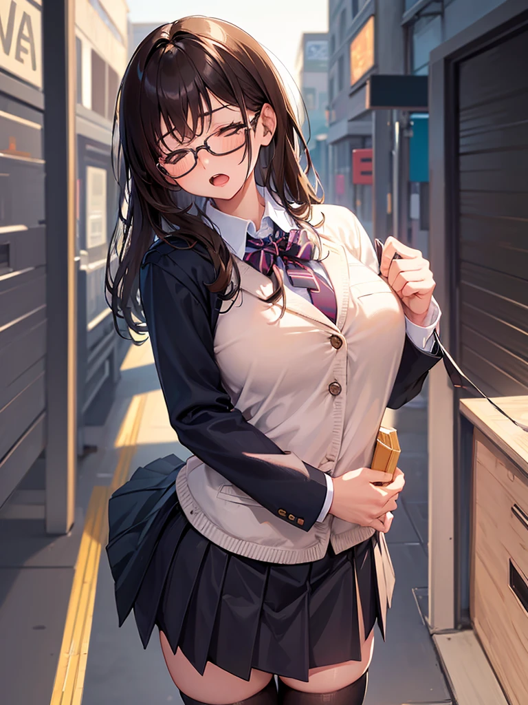 ((masterpiece,Highest quality:1.3,best illustration,realistic)),cowboy shot,1woman、独奏,25 year old Japanese beauty,((very small head:1.3)),center parted bangs,forehead,black hair,long hair,black eyes,gorgeous eyes,Black-rimmed glasses,shy,medium breasts,((very long body:1.3)),((toned body,slender body,skinny)),gleaming skin,shiny skin,oily skin,sweat,(School uniform、Dark blue blazer jacket、Navy blue tie、Grey plaid pleated mini skirt),on street,Tokyo、