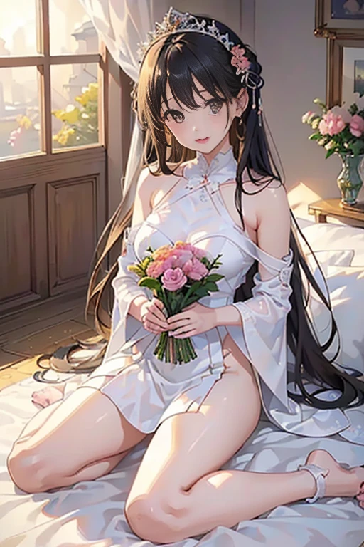 ((masterpiece))), (((full body photo))、(((in the bedroom,lying on your back)))、 (one beautiful girl, innocence,cute) ,ultra high resolution, reality, Super detailed, 8K,highest quality, very detailed, blurred background,thin,small breasts,(very beautiful japanese girl, detailed face:1.3), (cute短髪,black hair:1.4), (,cute系,Adorable Beautiful Girl), (perfect body:1.1),((cuteナイトウェア))、rosy cheeks,cute and innocent smile,detailed face、detailed lips、detailed eyes,small gravure idol,Please show me your beautiful teeth,transparent skin、beautiful lighting,glowing skin,lolita,morning, Surrounded by gentle sunlight, Best Light,best shadows, best work,Landscapes with love,Warm atmosphere,cinematic lighting,a bouquet placed,magical atmosphere,I love you
