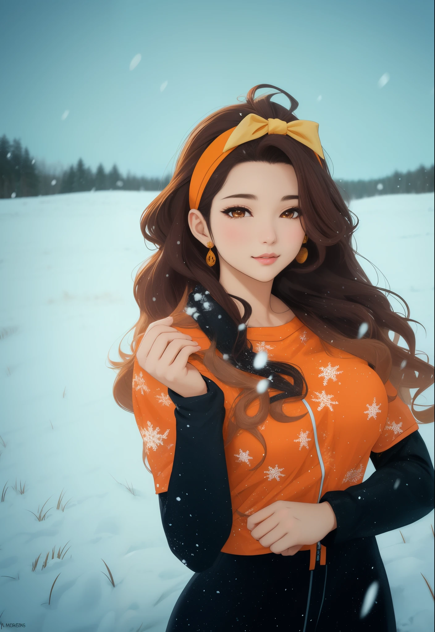 woman, with long dark curly hair, sexy look, glamorous pose,  anime, hentai, manga, woman, cartoon, golden brown hair, best quality, standing in snowing field, manga, illustration, perfect body, YAMATO, Sexy_attire, sexbodysuit, SEE THROUGH, winter portrait, orange headband