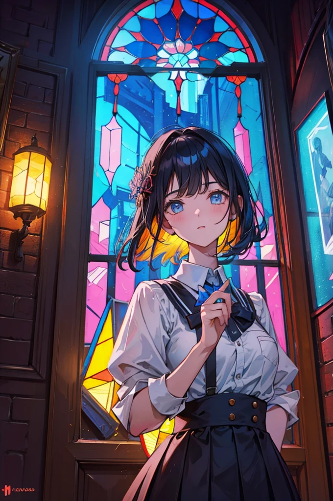 Portrait of a very beautiful schoolgirl, standing in a vintage house in Yazd with colorful glass on the windows, high definition, 32K resolution, cinematic lighting, dramatic lighting, vertical shot, Iranian architecture ,Stained glass.