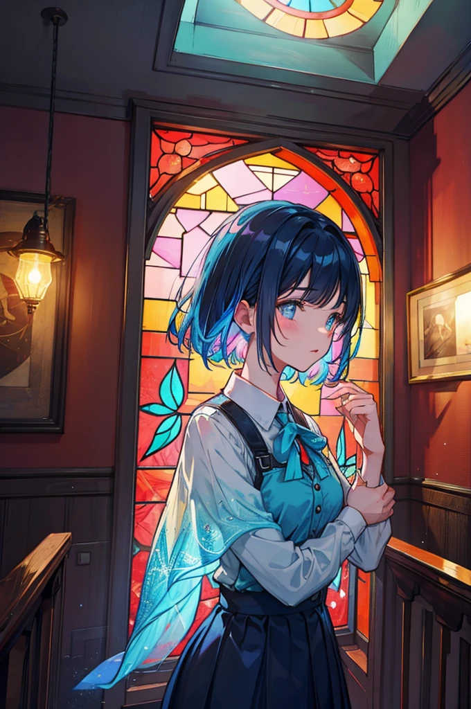 Portrait of a very beautiful schoolgirl, standing in a vintage house in Yazd with colorful glass on the windows, high definition, 32K resolution, cinematic lighting, dramatic lighting, vertical shot, Iranian architecture ,Stained glass.