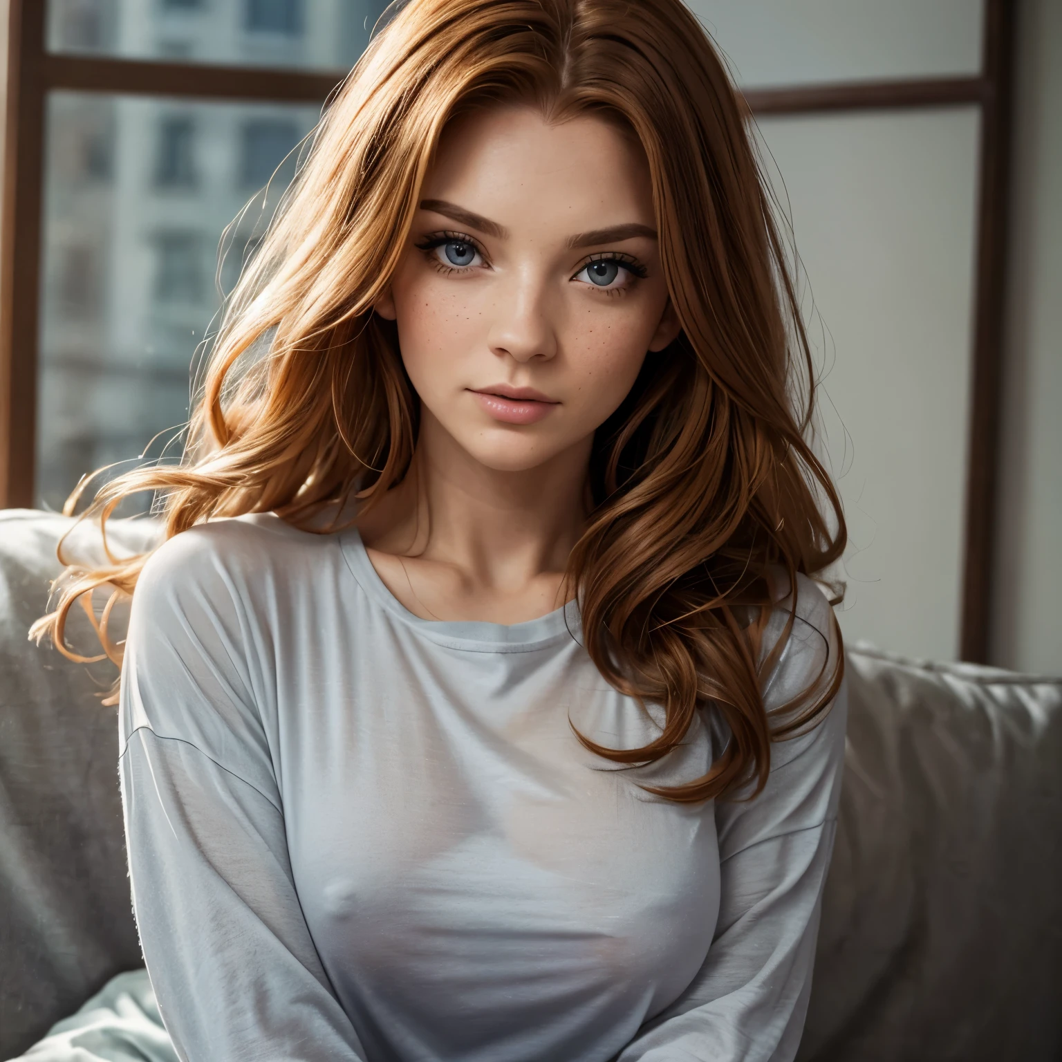 Ginger long hair, t shirt jeans, woman, relaxed, clear skin, high cheekbones, tight shirt, bumps, braless, perky, realistic, detailed skin, realistic eyes, tight, sheer, detailed realistic skin light freckles, big eyelashes, pouty lips, gray eyes, nipple bumps, braless, gray long sleeve shirt,