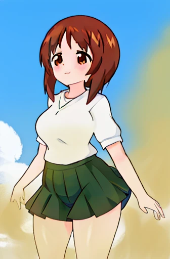 masterpiece, best quality, 1girl,solo,girls und panzer,nishizumi miho, brown hair, brown eyes,short hair,large breasts,ooarai school uniform,white shirt,black handkerchief,green skirt,loafers,outdoors, street, walking,women stink、Attack with farts、chies、shyness、女性はおならで攻撃する、お尻からガス、赤面、お尻を突き出す、小さな動き、お腹が鳴る