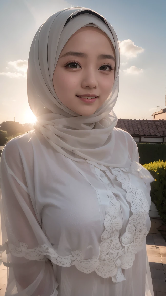 masterpiece, best quality, movie still, 1 malay girl in hijab, cloud girl, floating in the sky, close-up, bright, happy, warm soft lighting, sunset, (sparks:0.7)