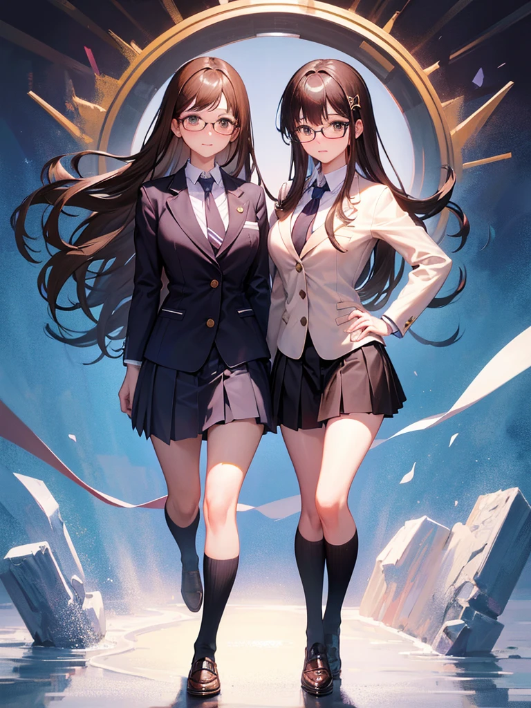 school uniform, blazer、1人の女性、brown haired、Brown eyes、Black-rimmed glasses、 Best Quality、ultra-detailliert、8K resolution、Raw photo、masutepiece、gorgeous faces、Perfect body, ,thigh-high socks, Pleated skirt, handjob