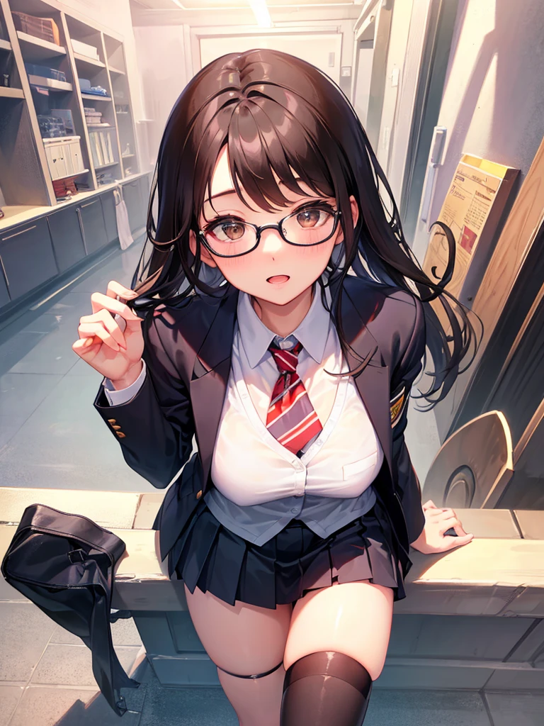 school uniform, blazer、1人の女性、brown haired、Brown eyes、Black-rimmed glasses、 Best Quality、ultra-detailliert、8K resolution、Raw photo、masutepiece、gorgeous faces、Perfect body, ,thigh-high socks, Pleated skirt, handjob