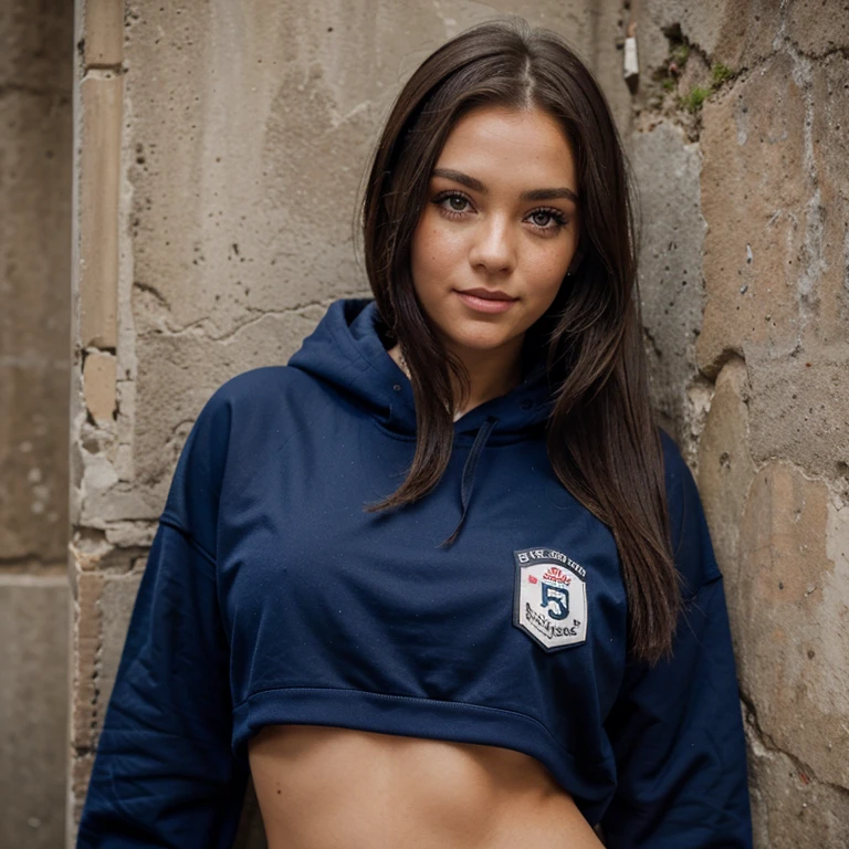 Jessica Degg short chubby face brunette long ponytail straight hair Caucasian freckles fake tan eyelashes dark eyes eyeshadow make up smiling jewellery short chains hooded sweatshirt small navy blue lycra shorts leaning on wall