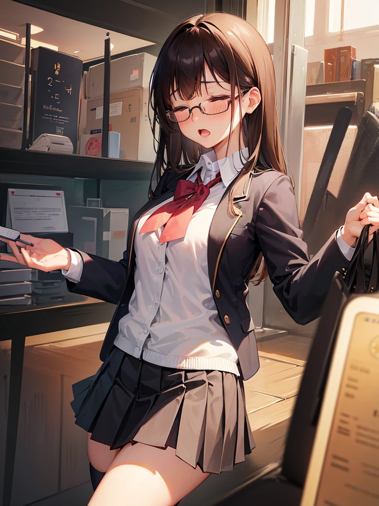 school uniform, blazer、1人の女性、brown haired、Brown eyes、Black-rimmed glasses、 Best Quality、ultra-detailliert、8K resolution、Raw photo、masutepiece、gorgeous faces、Perfect body, closed eyes, open mouth ,thigh-high socks, Pleated skirt, handjob