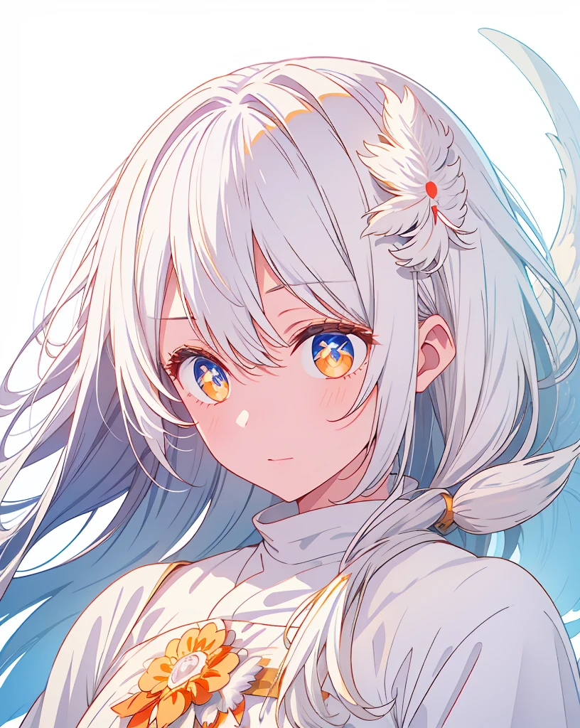 white hair、Orange Eyes、white dress、Blue Pupils、white feather、white background、simple background