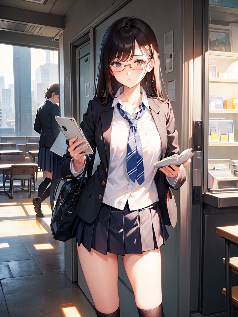 school uniform, blazer、1人の女性、brown haired、Brown eyes、Black-rimmed glasses、 Best Quality、ultra-detailliert、8K resolution、Raw photo、masutepiece、gorgeous faces、Perfect body, ,thigh-high socks, Pleated skirt, handjob