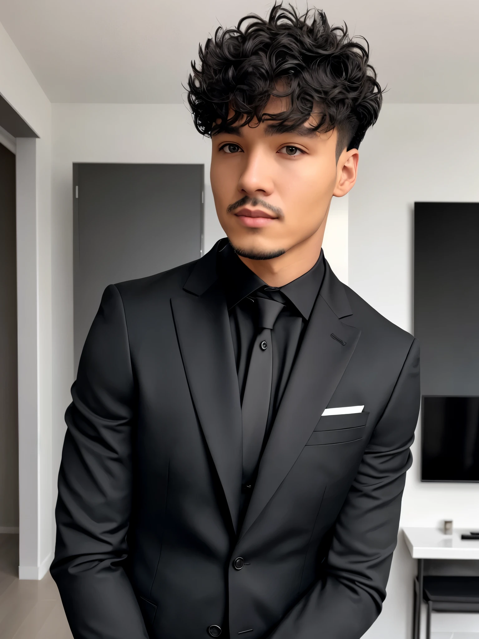 man black, looking at viewer, full face, serious, short hair, black suit