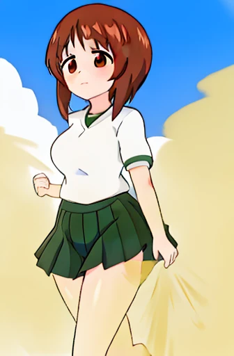masterpiece, best quality, 1girl,solo,girls und panzer,nishizumi miho, brown hair, brown eyes,short hair,large breasts,ooarai school uniform,white shirt,black handkerchief,green skirt,loafers,outdoors, street, walking,women stink、Attack with farts、chies、shyness、女性はおならで攻撃する、お尻からガス、赤面、お尻を突き出す、小さな動き、お腹が鳴る