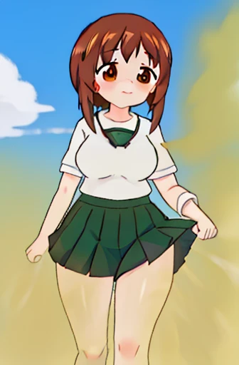 masterpiece, top-quality, 1girl in, 独奏, tgirls&Panzer, Oarai School Uniform, White shirt, White Sailor Color, Black neckerchief, Green skirt,arms behind back, cowboy shot, plein air, cherry trees, (Forced maternal conception room), She is forcibly motherized and raped.、(Frustrated expression)(become pregnant)Rape Demon「Moving Witch、Yukari、Baby birth!」
