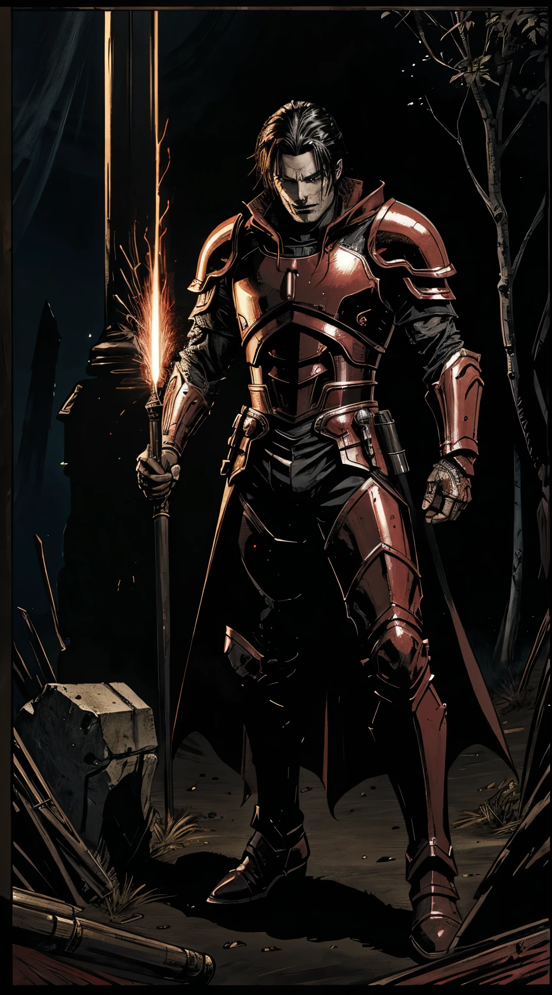 (highres, realistic:1.2), vampire king with piercing red glowing eyes and black hair, wearing a majestic suit of black gold armor. His pale skin adds an eerie contrast to his dark presence. The vampire king stands tall in a fantasy dark souls world, surrounded by an aura of mystery and power. In the midst of battle, he fiercely clashes with a skilled vampire Hunter, who is adorned in a red knight armor. The clash between the two warriors creates a captivating scene of intense action and danger. The air is filled with adrenaline as their weapons clash and sparks fly. The setting is a gothic landscape, shrouded in darkness and adorned with ancient ruins. The colors are vivid and intense, highlighting the supernatural elements of the scene. The lighting is dramatic, casting long shadows and illuminating the characters with an otherworldly glow. This masterpiece of art brings to life the epic confrontation between the vampire king and the vampire Hunter, capturing the essence of the dark and thrilling fantasy world.