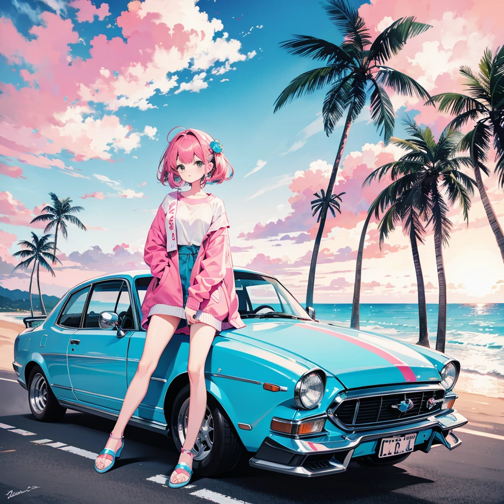 Cool car, naked girl with long pink hair, ginger cat