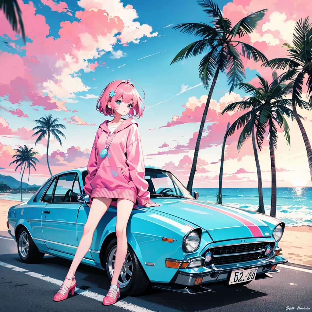 seaside, pink sky, palm tree, blue classic car, blue and pink neon