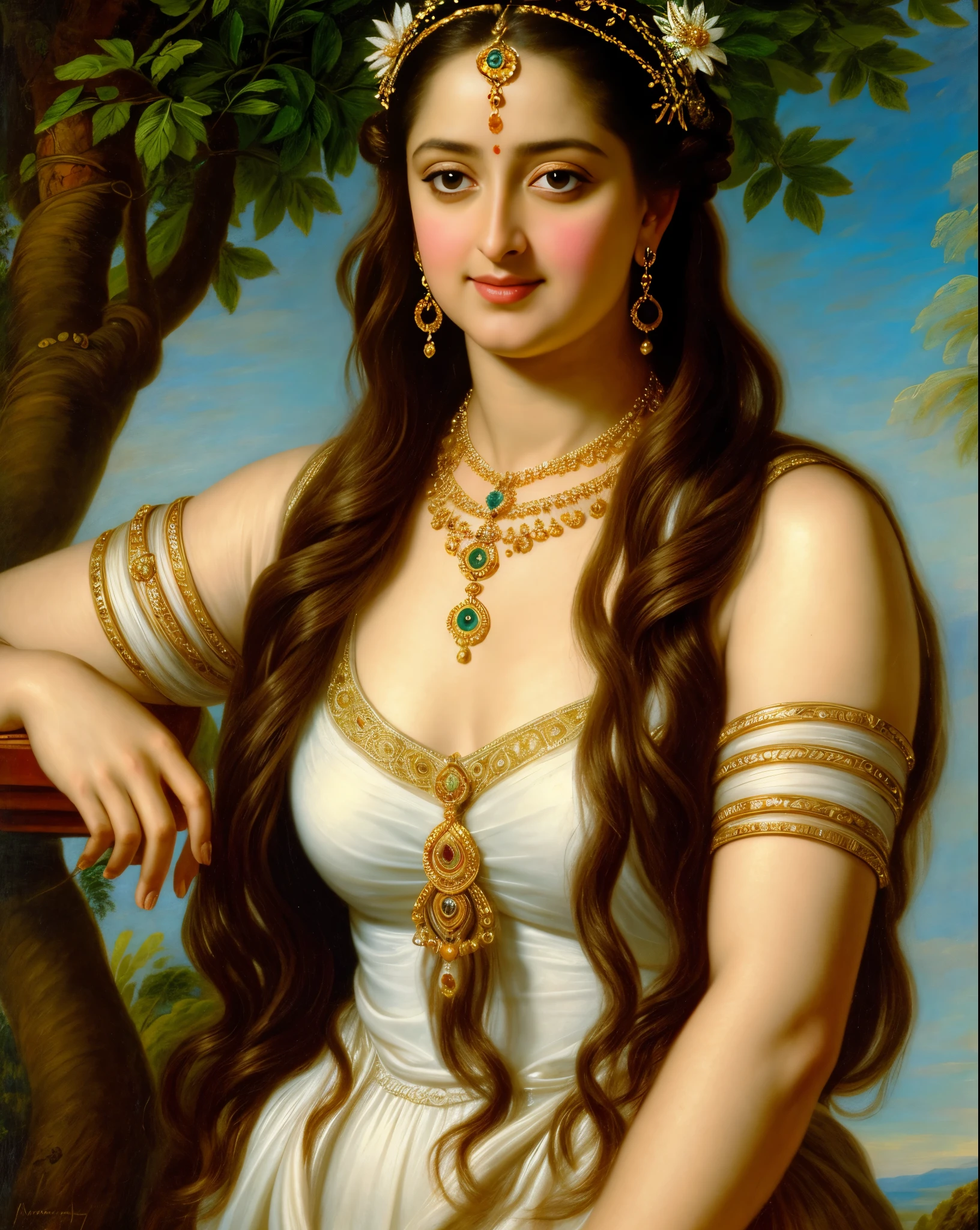 Looks like Anushka Shetty, Masterpiece, Best quality, high clarity eyes, beautifully styled hair, critically flawless,sharp picture, Full portrait, High pixels, perfect face, perfect eyes, beautiful face, perfect hands,perfect fingers, in Peter Paul Rubens style, by Peter Paul Rubens, baroque style, acrylic on canvas, highly detailed, description: "Create a nymph inspired by the tales of Greek or Roman mythology, embodying the essence of a natural element or location, and possessing a unique ability or trait that sets her apart."