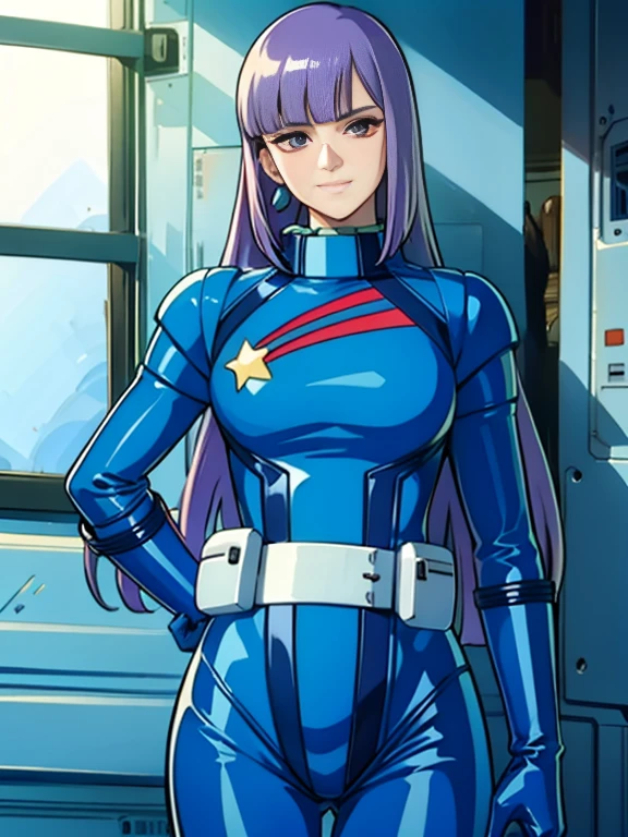 masterpiece,cg,best quality,highres,good anatomy,extremely delicate and beautiful,(semi-realistic:1.5),detailed eyes,perfect face,beautiful face,1girl,solo,louka,blue pilot suit, long hair, purple hair, latex suit, white belt,star mark, light smile,closed mouth, facing viewer,,standing beside window, sexy, alluring,cowboy shot,inside spacecraft,galaxy,planet,glass,