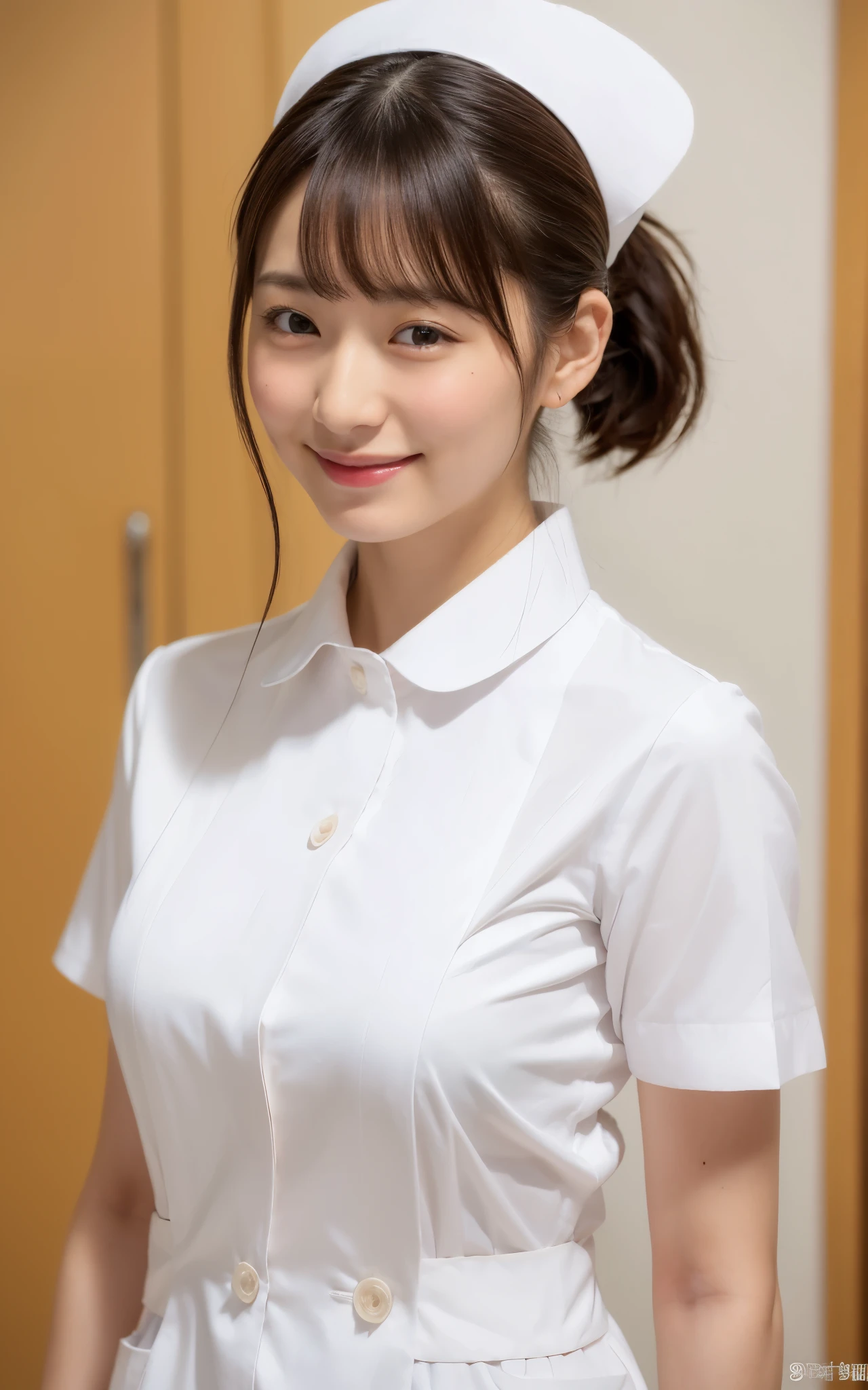 ((top quality, 8k, muste piece: 1.3)), beauty, one japanese girl, nurse, whole body, perfect anatomy, Are standing, black hair, Blunt Bangs, Lower ponytail, 24 years old, light smile, face focus, detailed face, highly detailed lips, fine eyes, sweaty skin: 1.2, nurse uniform, nurse cap,