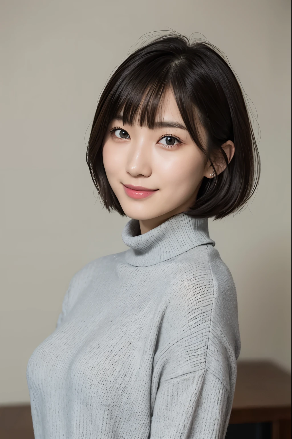 Japanese lady, pale skin, huge breasts, droopy eyes, smile 20 year old, bowl cut hair, gray Turtleneck sweater,black Pencil skirt, exasperated:1.8, high quality:1.3, shoot from below 2.0, Professional lighting:2.0 realistic:1.2, 4k resolution, detailed skin, masterpiece:1.1, At the office
