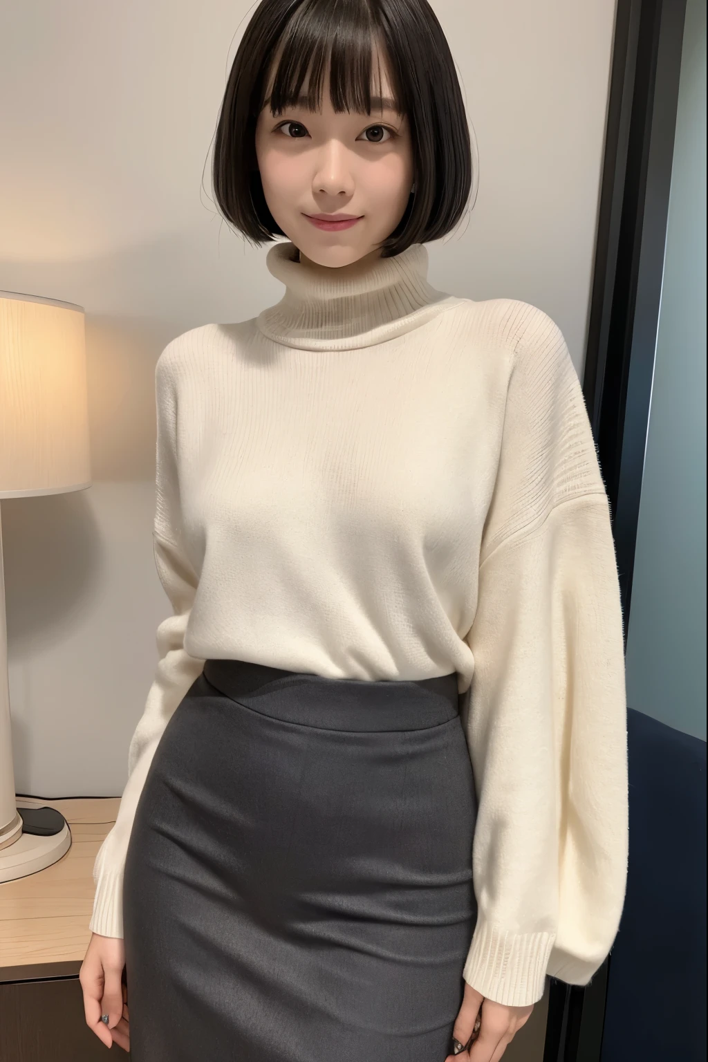 Japanese lady, pale skin, , droopy eyes, smile 20 year old, bowl cut hair, gray Turtleneck sweater,black Pencil skirt, exasperated:1.8, high quality:1.3, shoot from below 2.0, Professional lighting:2.0 realistic:1.2, 4k resolution, detailed skin, masterpiece:1.1, At the office