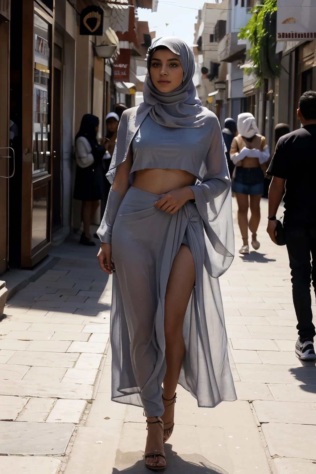 a woman in the translucent night gown, half naked, nipple on with nipple piercing, wearing satin hijab, full body,mermaid tight long gown, flowy dramatic long gown,very long flor length gown, tall women, in crowded market, tight in leg, sexy face, sexy pose, wear high heels, masterpice 