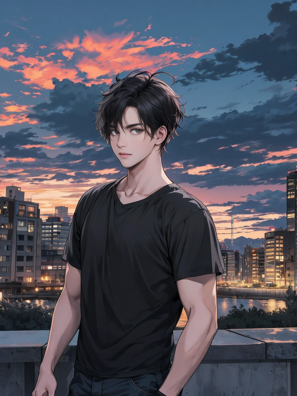 1 homem,obra de arte,melhor qualidade, ultra high resolution, twilight,paisagem urbana,profundidade de campo, short black messy hair, simplesmente ruim