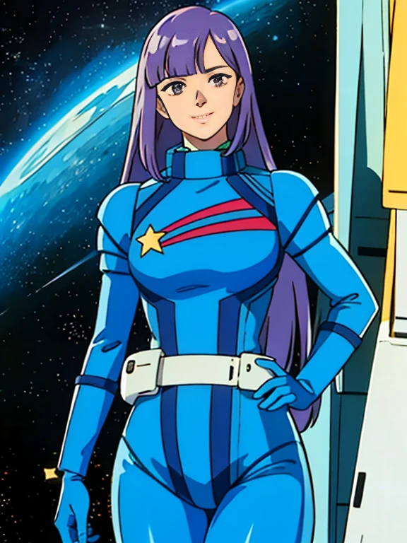 masterpiece,cg,best quality,highres,good anatomy,extremely delicate and beautiful,(semi-realistic:1.5),detailed eyes,perfect face,beautiful face,1girl,solo,louka,blue pilot suit, long hair, purple hair, latex suit, white belt,star mark, light smile,closed mouth, facing viewer,,standing beside window, sexy, alluring,cowboy shot,inside spacecraft,galaxy,planet,glass,