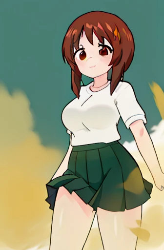 masterpiece, best quality, 1girl,solo,girls und panzer,nishizumi miho, brown hair, brown eyes,short hair,large breasts,ooarai school uniform,white shirt,black handkerchief,green skirt,loafers,outdoors, street, walking,women stink、Attack with farts、chies、shyness、女性はおならで攻撃する、お尻からガス、赤面、お尻を突き出す、小さな動き、お腹が鳴る