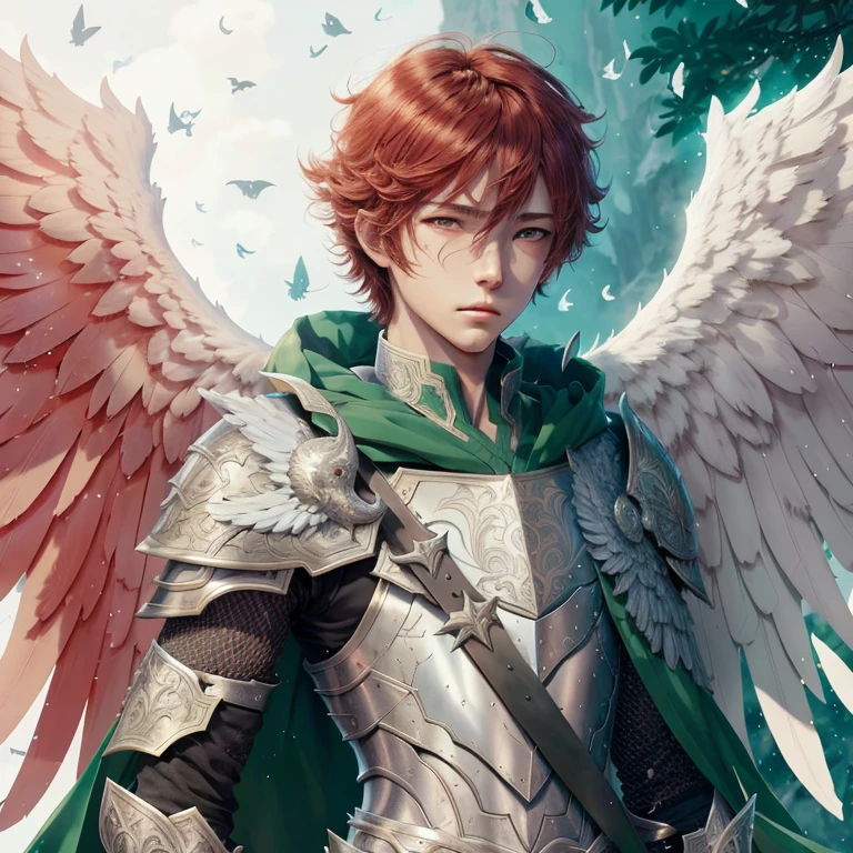 winged prince boy, handsome guy in demon slayer art, young pale redhead european angel, Armor angle with wing, fanart requintada altamente detalhada, alado archer, arte detalhada de personagem jovem europeu, anjo baixo, Arcanjo, principado angelical, beleza majestosa, 4k manga wallpaper, alado