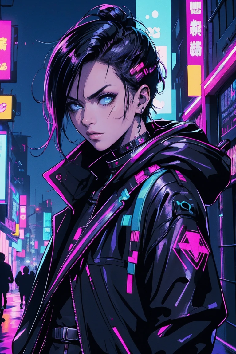fotografia aproximada, Young confident cyberpunk superhero in black costume,Cyber Night City em segundo plano