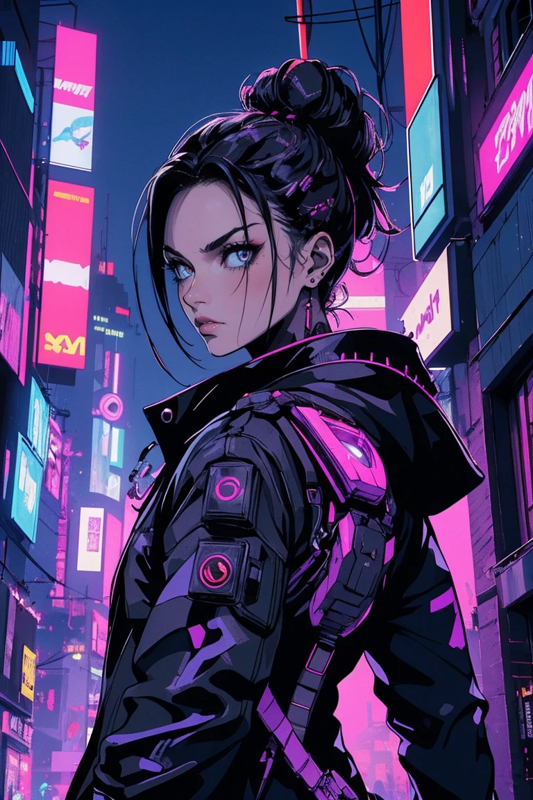 fotografia aproximada, Young confident cyberpunk superhero in black costume,Cyber Night City em segundo plano