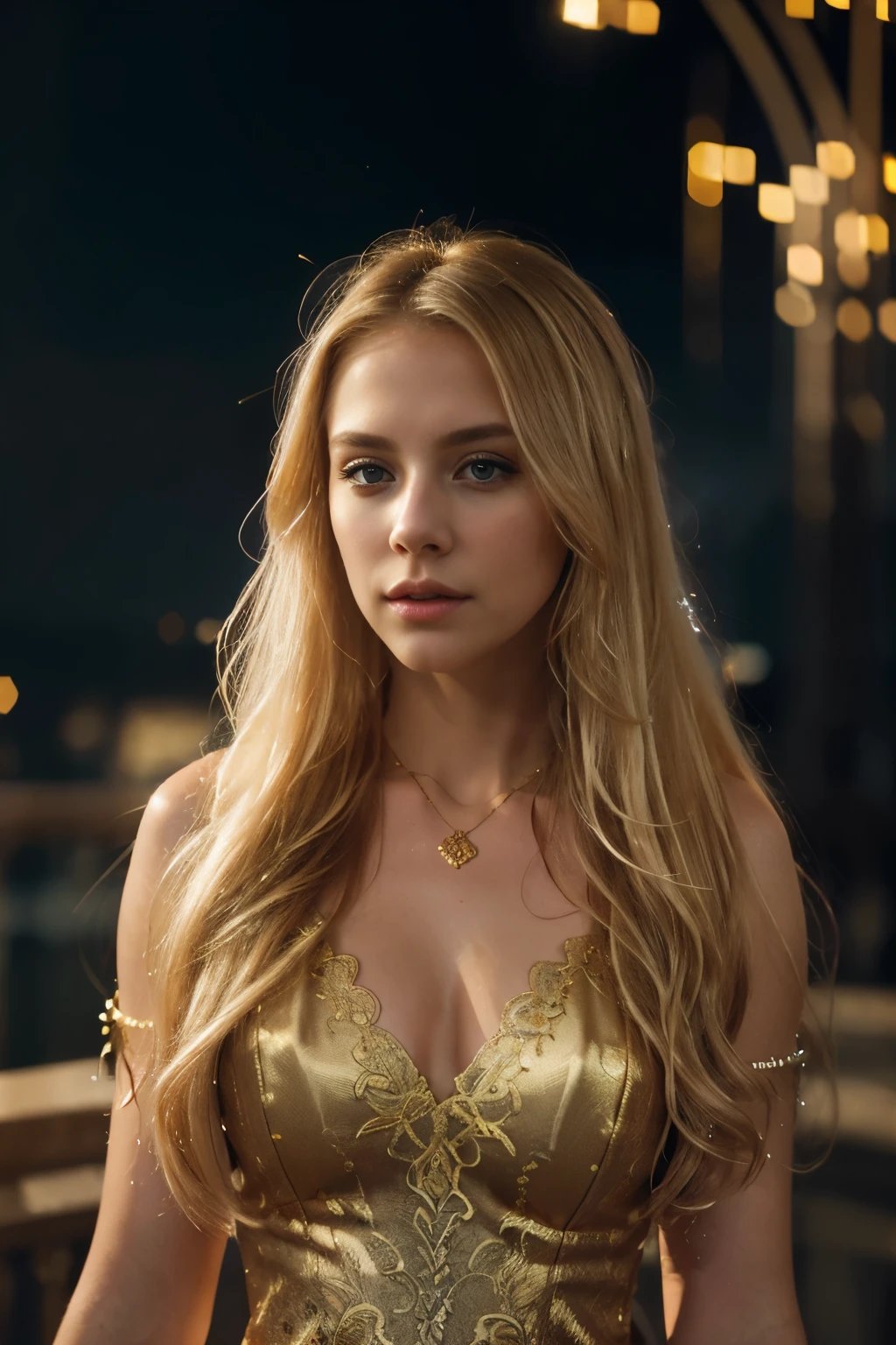 blond woman with long hair, gold lace dress, gold necklace, large particles, cinematic lights, volumetric lighting, focus sharp, rich colors, colorful, holy, dramatic scenic breathtaking illuminated, artistic, pristine, color, epic, fascinating, majestic, very inspirational, amazing, best quality, highres, realistic photo, professional photography,