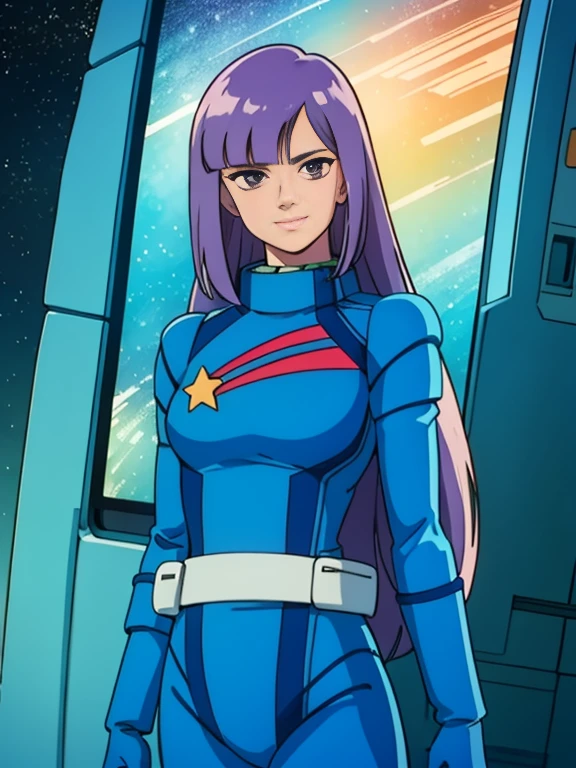 ((masterpiece,cg,best quality,highres)), good anatomy,extremely delicate and beautiful,(semi-realistic:1.5),detailed eyes,perfect face,beautiful face,1girl,solo,louka,blue pilot suit, long hair, purple hair, latex suit, white belt,star mark, light smile,closed mouth, facing viewer,,standing beside window, sexy, alluring,cowboy shot,inside spacecraft,galaxy,planet,glass,