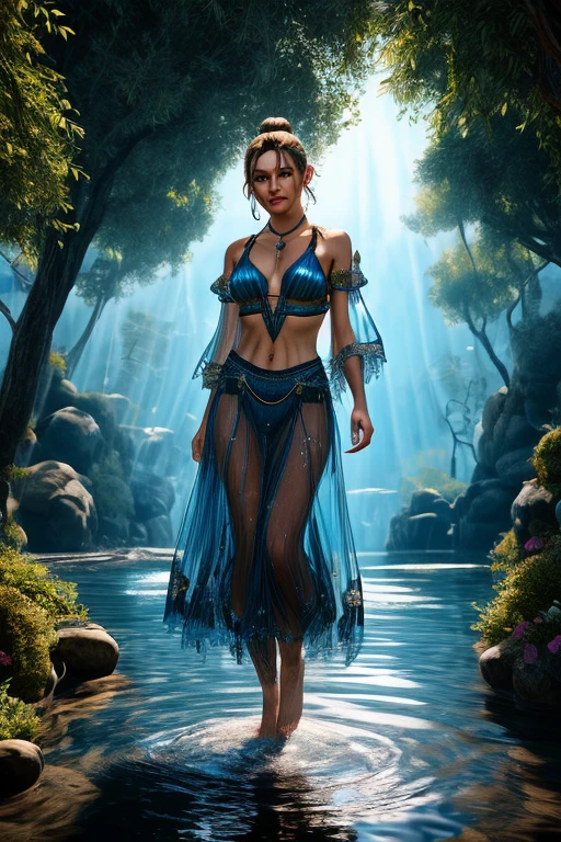 [nudity, explicit] a beautiful demonic sorceress conjuring water casting a water spell,standing and looking at viewers, various water chains around her,(((detailed perfect face))),light smile, beautiful face, seductive body,tall body, mature body, BREAK warm aura,  water spear, water balls , water flow through her body, floating with a movement of her hand, blue transparent water splash dazzling around, water phoenix flying in the background, pure water on the ground just enough to cover her feet, water bender,  BREAK,Detailed,Realistic,4k highly detailed digital art,octane render, bioluminescent, BREAK 8K resolution concept art, realism,by Mappa studios,masterpiece,best quality,official art,illustration,ligne claire,(cool_color),perfect composition,absurdres, fantasy,focused,rule of thirds,