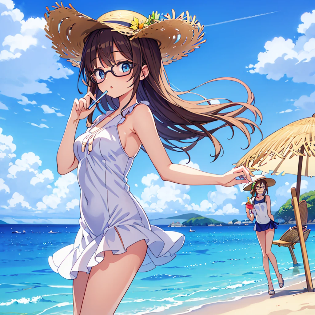 Illustration of a beautiful high schoolwith glasses in a white sleeveless one-piece dress holding her straw hat to prevent it from being blown away by the wind on a sandy beach under a summer sky.