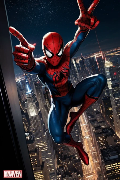 In an exciting comic book strip, Spiderman captures a moment atop the Empire State Building, taking a thrilling selfie against the breathtaking New York City skyline. The strip unfolds through multiple panels, each showcasing Spiderman's playful interaction with the camera as he strikes dynamic poses. The city lights twinkle in the night sky, creating a mesmerizing backdrop for Spiderman's selfie adventure. With each panel, Spiderman's expressions and gestures convey a mix of joy and confidence, emphasizing his vibrant personality. This artwork draws inspiration from classic comic book styles, employing bold lines, vibrant colors, and expressive illustrations to portray Spiderman's fun-filled selfie escapade in a series of engaging frames.
