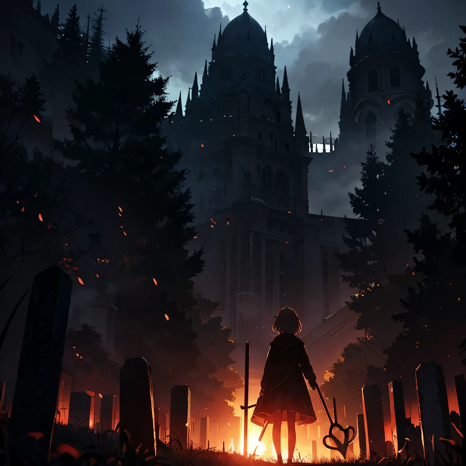 a anime horror scene, a girl holding a shovel, short hair, maniacal smile, crazy red eyes, standing outside at the night time in cemetery, stars in the sky, shot from bellow, best quality, ultra sharp lines, saturated, 8K