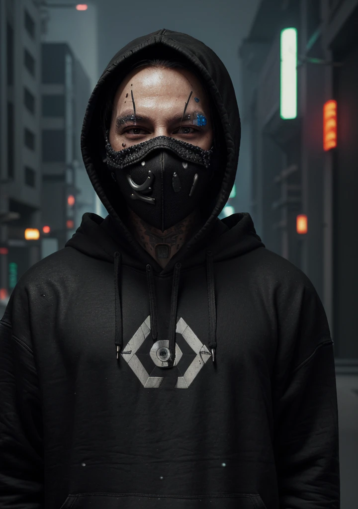 There was a man in a mask and a black hoodie,cuchillo en mano, estilo cyberpunk hiperrealista,Estilo cyberpunk,colores cian
