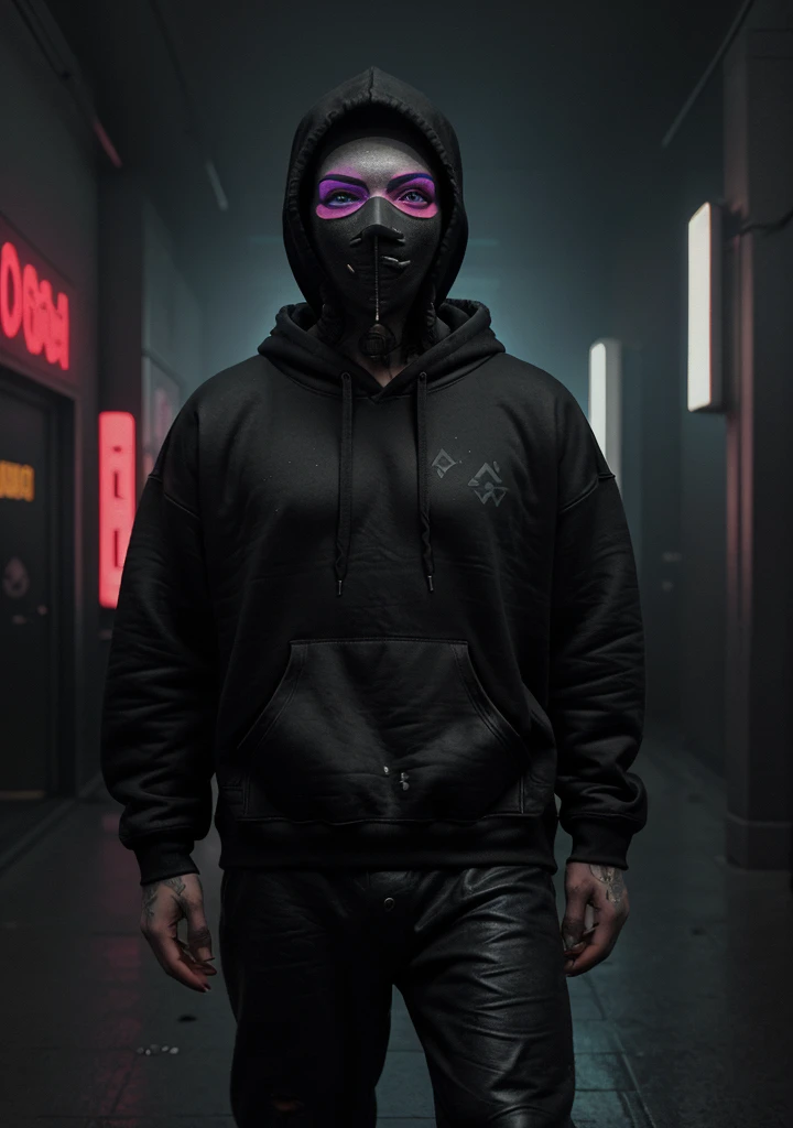 There was a man in a mask and a black hoodie，cuchillo en mano, estilo cyberpunk hiperrealista，Estilo cyberpunk，colores cian