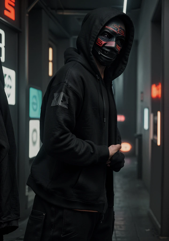 There was a man in a mask and a black hoodie，cuchillo en mano, estilo cyberpunk hiperrealista，Estilo cyberpunk，colores cian