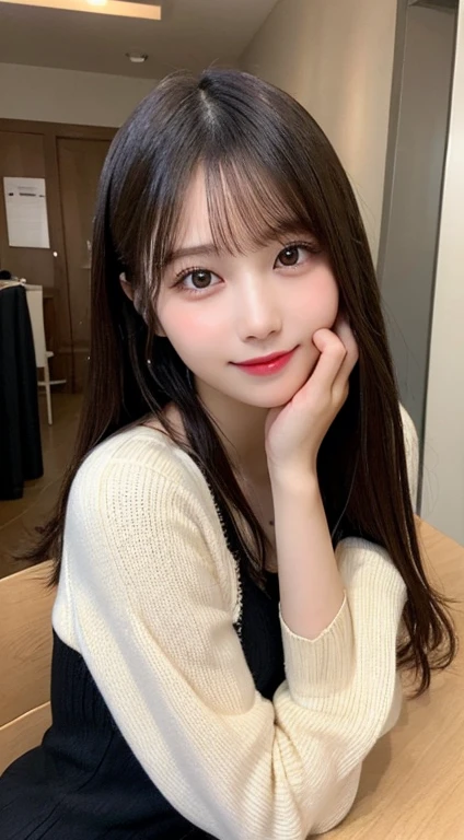 table top, highest quality, figure, super detailed, finely, High resolution, 8k wallpaper, 完璧なダイナミックな構figure, beautiful and fine eyes, black long sleeve knit dress,straight hair,small breasts,natural color lip, random sexy pose,smile,Harajuku、20 year old girl、cute、sexy shot looking at camera,perfect and beautiful face