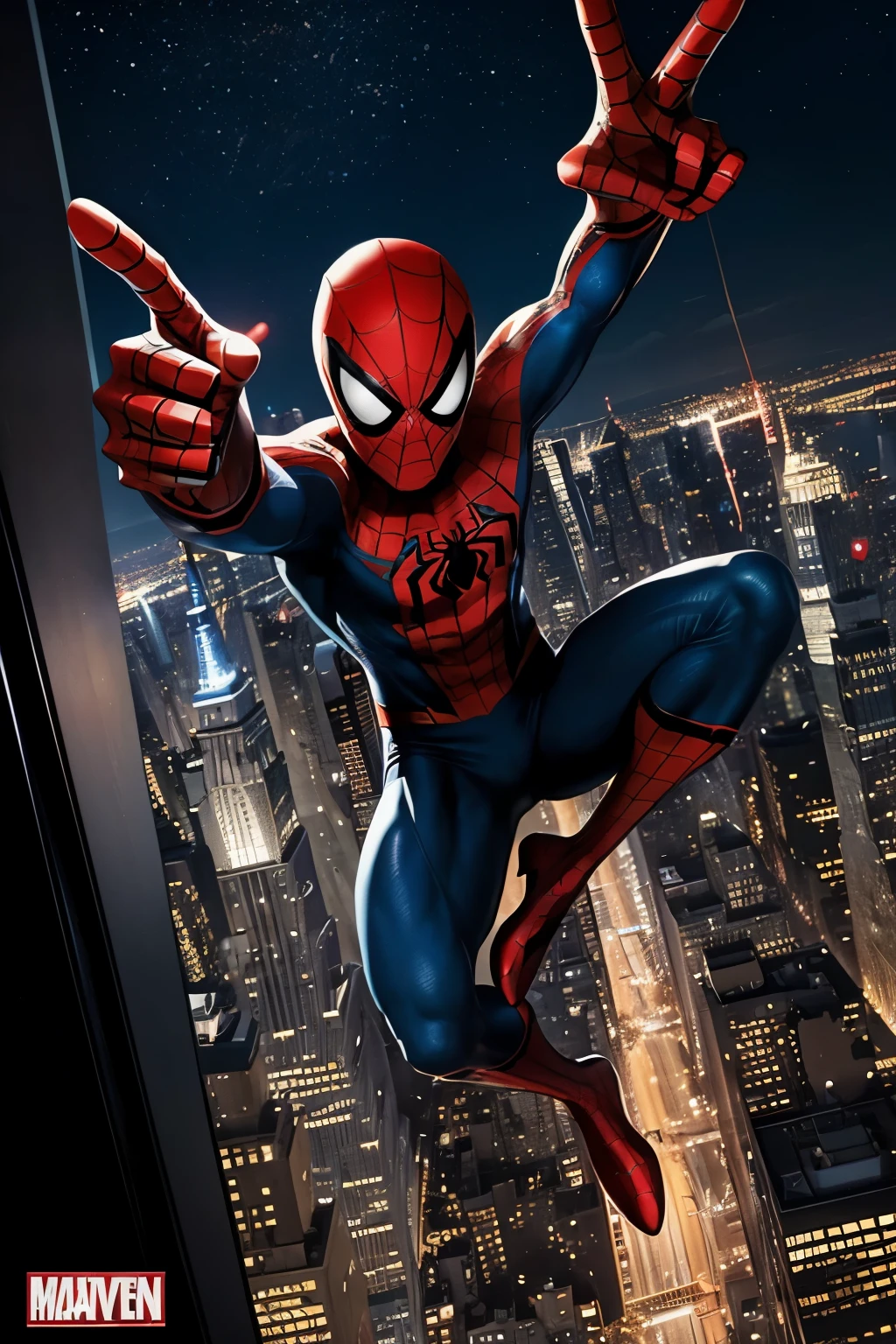 In an exciting comic book strip, Spiderman captures a moment atop the Empire State Building, taking a thrilling selfie against the breathtaking New York City skyline. The strip unfolds through multiple panels, each showcasing Spiderman's playful interaction with the camera as he strikes dynamic poses. The city lights twinkle in the night sky, creating a mesmerizing backdrop for Spiderman's selfie adventure. With each panel, Spiderman's expressions and gestures convey a mix of joy and confidence, emphasizing his vibrant personality. This artwork draws inspiration from classic comic book styles, employing bold lines, vibrant colors, and expressive illustrations to portray Spiderman's fun-filled selfie escapade in a series of engaging frames.