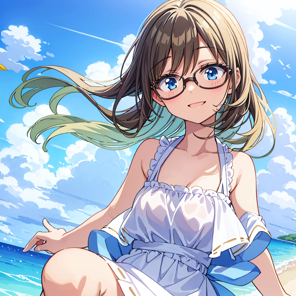 Illustration of a beautiful junior high school girl with glasses wearing a white sleeveless one-piece dress and an innocent smile on a sandy beach under a summer sky.