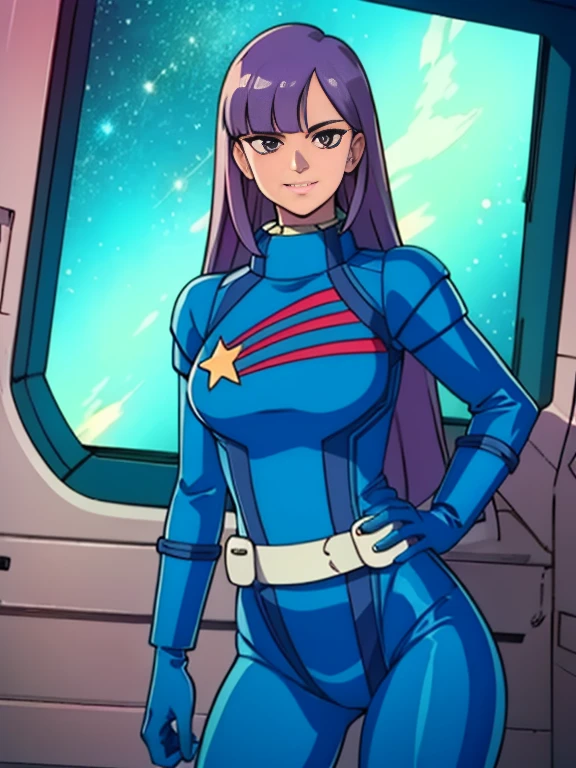 ((masterpiece,cg,best quality,highres)), good anatomy,extremely delicate and beautiful,(semi-realistic:1.5),detailed eyes,perfect face,beautiful face,1girl,solo,louka,blue pilot suit, long hair, purple hair, latex suit, white belt,star mark, light smile, facing viewer,,standing beside window, sexy, alluring, cowboy shot, curvy hips, inside spacecraft,galaxy,planet,glass,