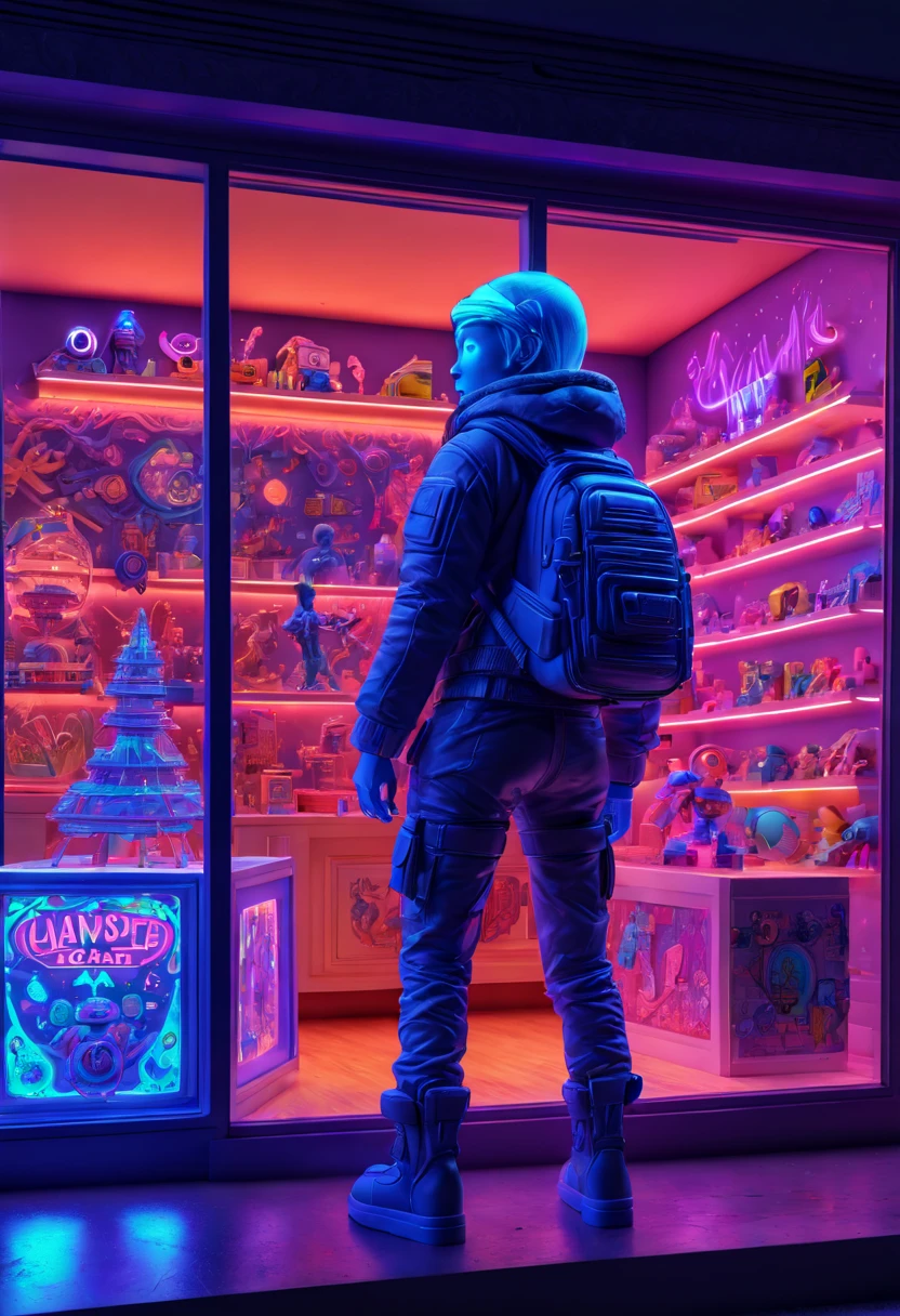 blacklight art, Toy Store, Window Display, octane render, enhance, intricate, (best quality, masterpiece, Representative work, official art, Professional, 8k wallpaper:1.3)