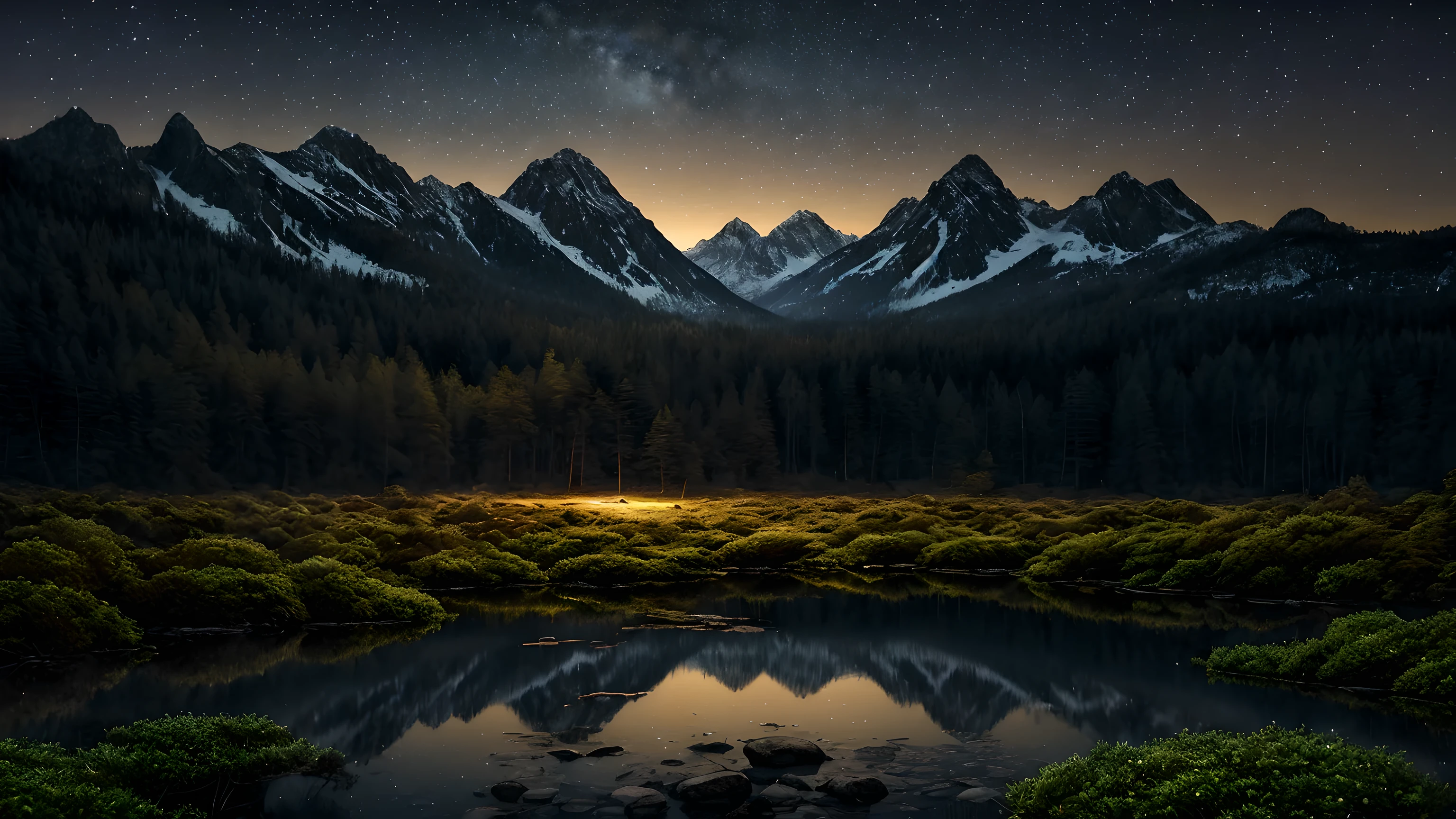 best quality,ultra-detailed,realistic landscape,masterpiece:1.2,night scene,forest silhouette,majestic mountains,calm and serene,peaceful ambiance,twinkling lights,subtle reflections,deep tranquility,soft color palette,subdued tones,dreamlike quality splendid composition,quiet contemplation,mesmerizing beauty,immersive experience,spellbinding charm,moment of solitude,breathtaking stillness,limitless wonder,soul-stirring sight,
