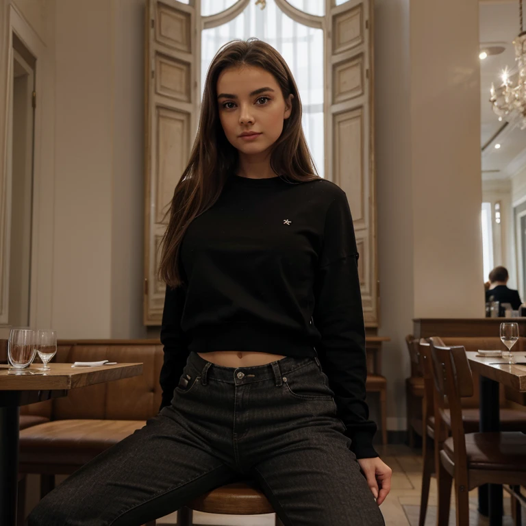 Femme. Jeune. 18 ans. Cheveux châtain très clair. Eyliner foncé aux yeux avc long cils. Maquilalge. Tête désintéressé. Porte un sweat à capuche noir. Assise dans un restaurant. Ne se tient pas correctement. Un peu grosse mais visage fin. Porte pantalon